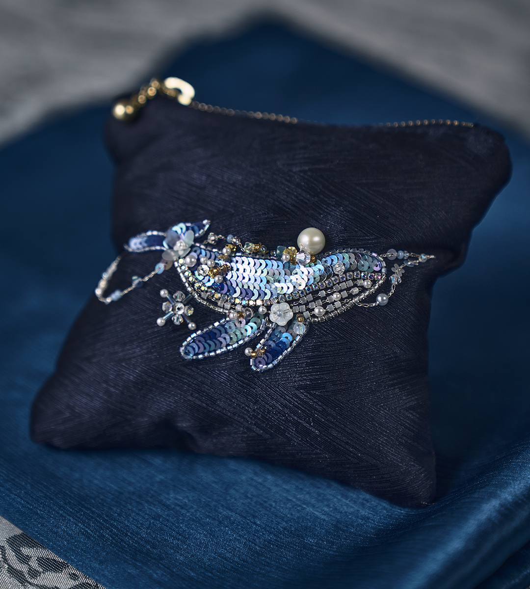 Hand-Embroidered Whale Beaded Pouch
