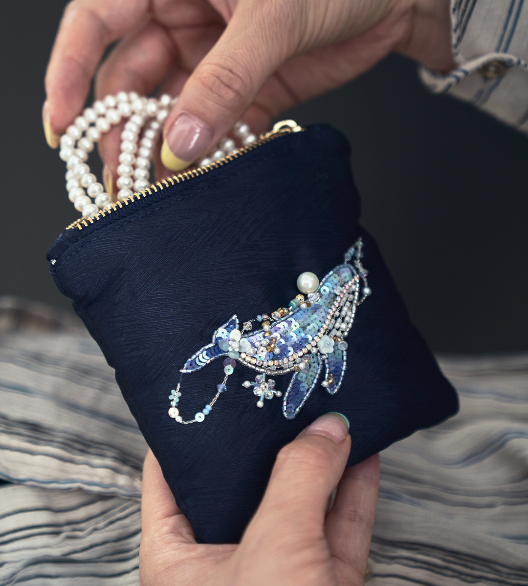 Hand-Embroidered Whale Beaded Pouch